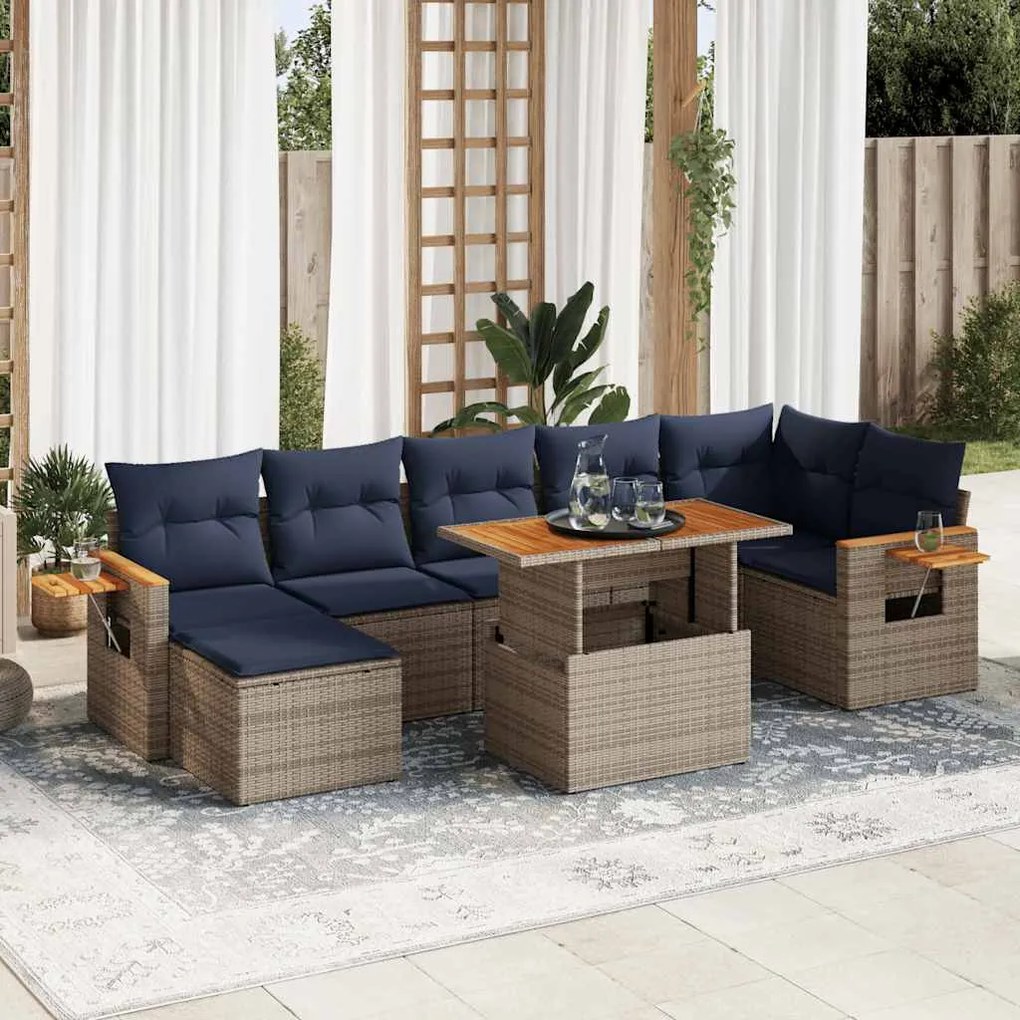8 pcs conj. sofás jardim c/ almofadões vime PE/acácia castanho