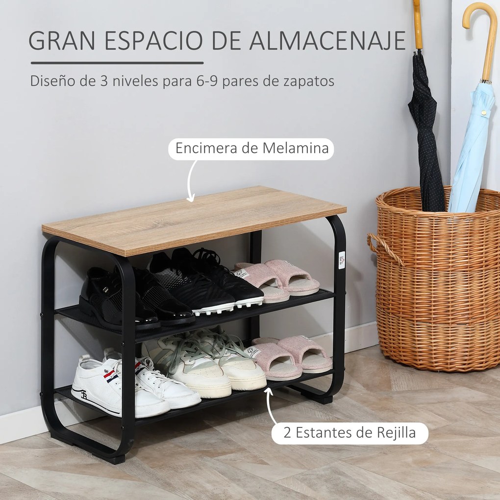 HOMCOM Sapateira Multiúso para 6-9 Pares de Sapatos Móvel com Estrutura Metálica para Entrada Corredor 66x30x47,5cm Carvalho e Preto
