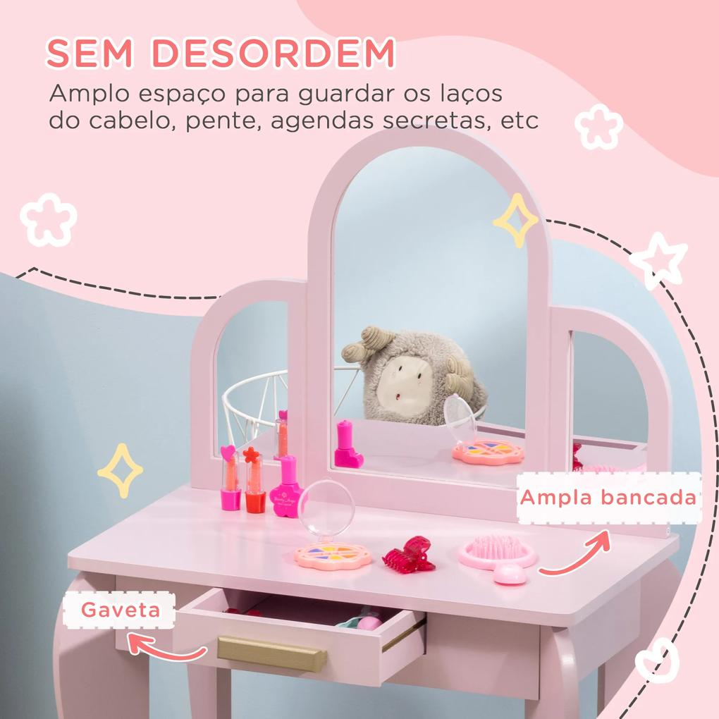 Toucador para Crianças com Espelho e Banco Toucador de Maquilhagem para Crianças de 3 a 6 Anos 52x32x85 cm Rosa