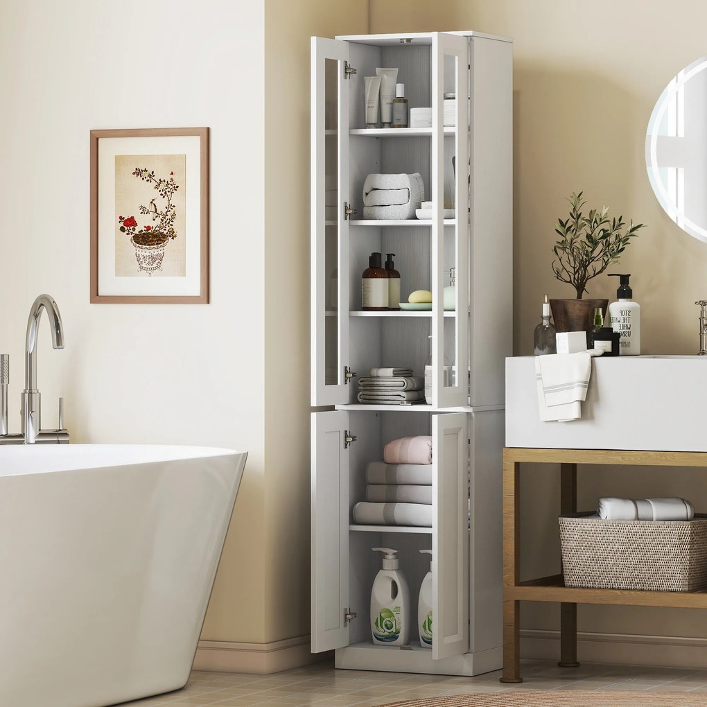 Móvel de casa de banho com 6 níveis 38 L x 26 P x 160 A cm, móvel de arrumação com 4 portas com fecho suave e prateleiras ajustáveis, branco