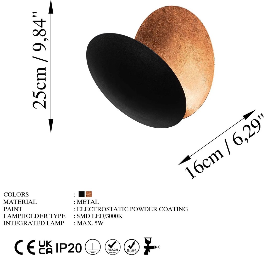 Candeeiro de Parede Yosma - Preto e Cobre - 25x25x16cm