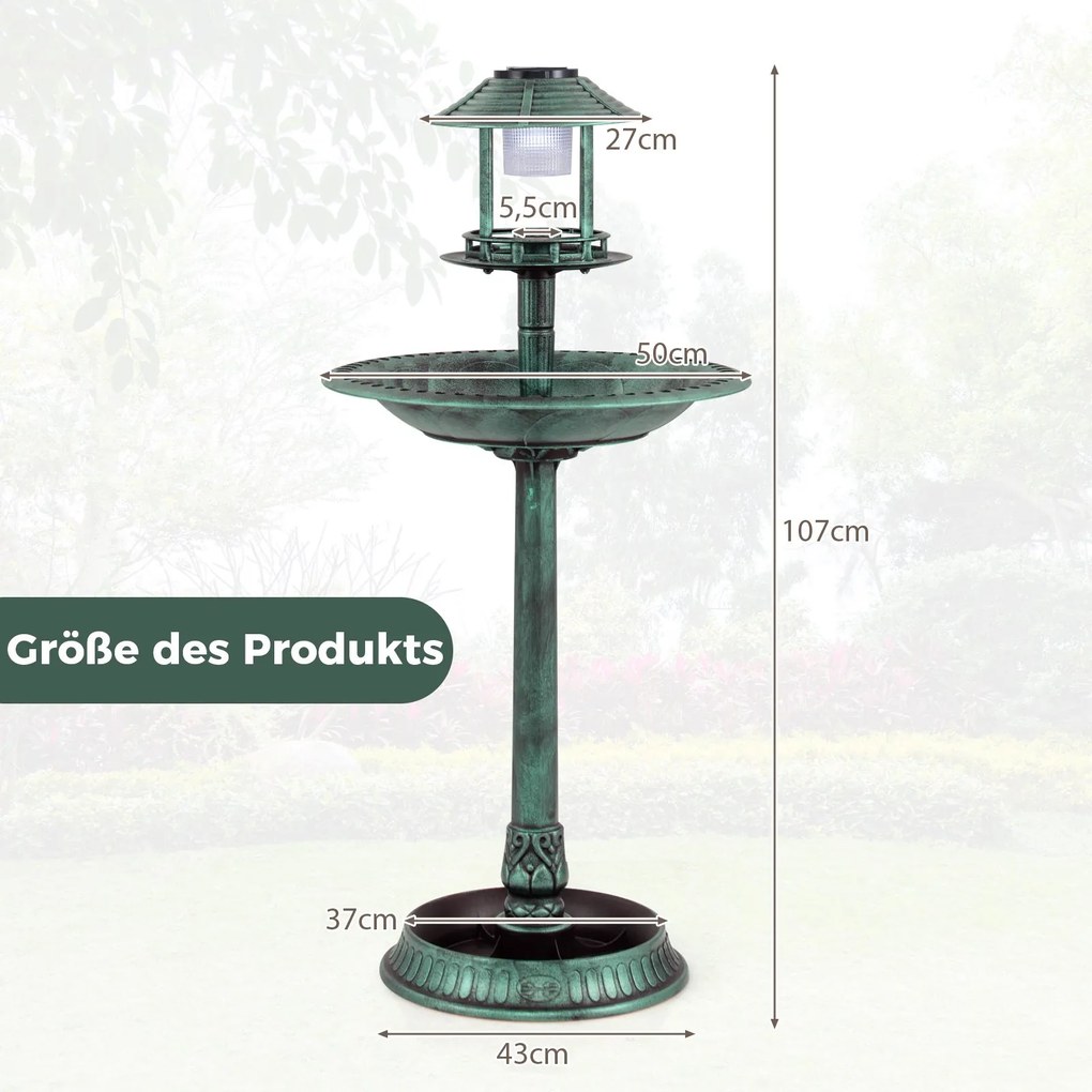 Bebedouro jardim para pássaros 51 x 51 x 107 cm com luz solar e vaso, estação de alimentação verde