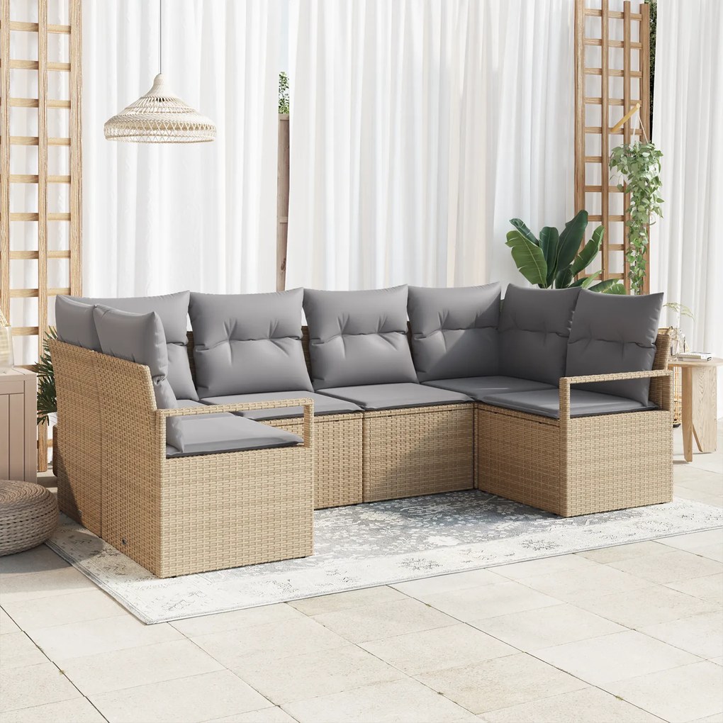 Conjunto de Sofá de Jardim de 6 Peças com Almofadas Bege Rattan PE