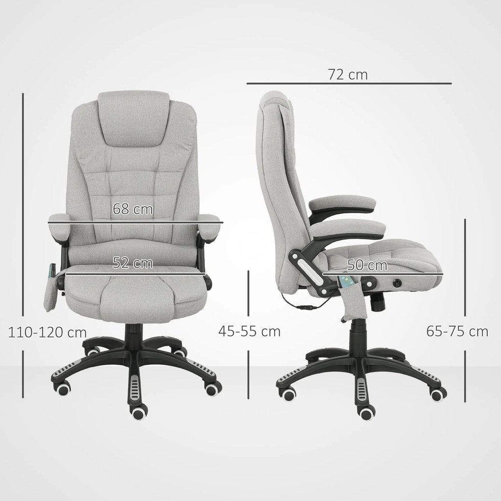 Cadeira de escritório com função de massagem e aquecimento, altura ajustável, encosto reclinável e comando à distância, cinzenta