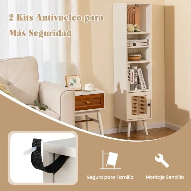 Estante em rattan estreito 29,5 x 29,5 x 137 cm com porta e prateleira ajustável para sala de estar Branco