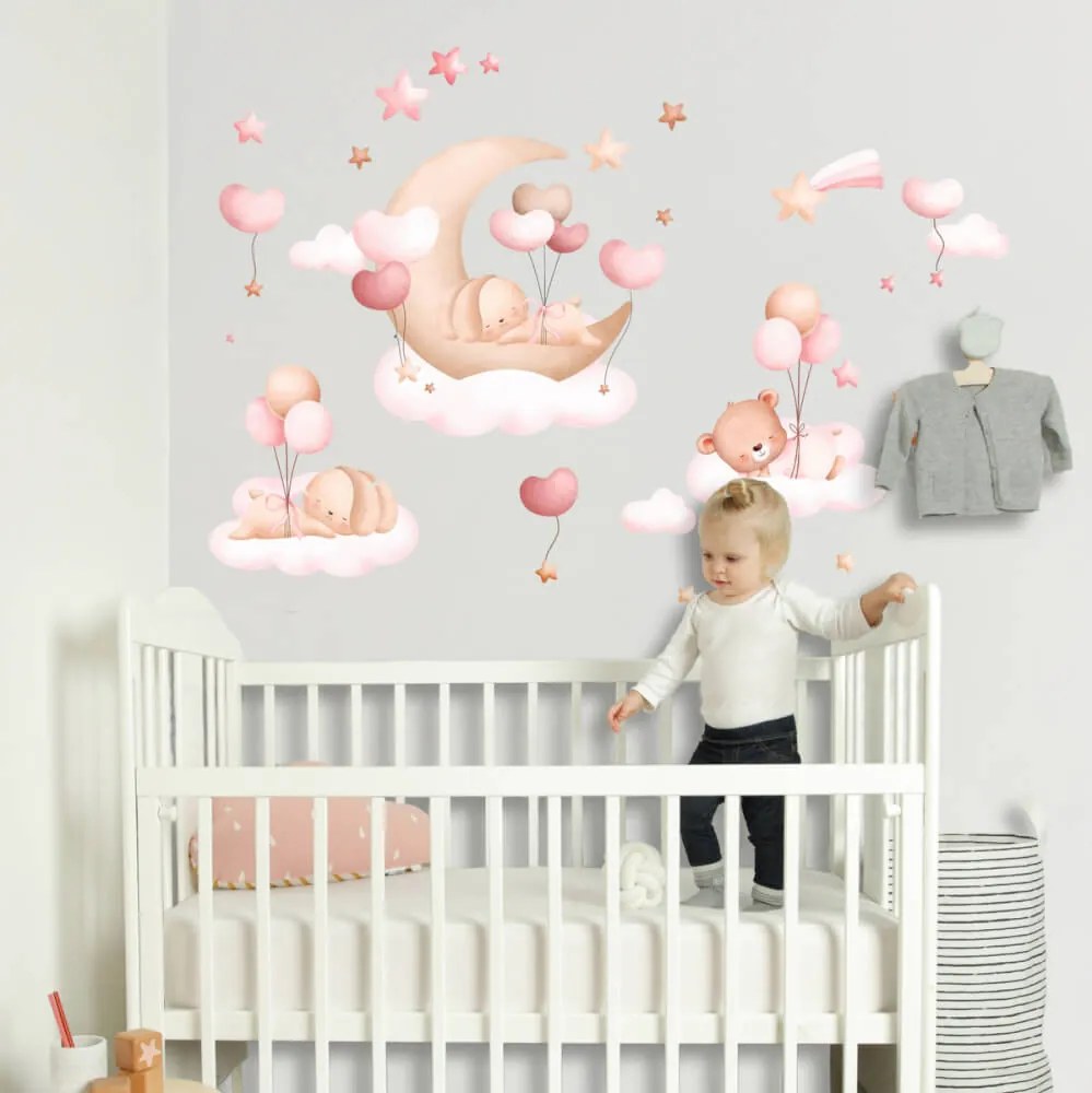 Papel de parede para crianças na parede - Coelhinhos cor-de-rosa no ar