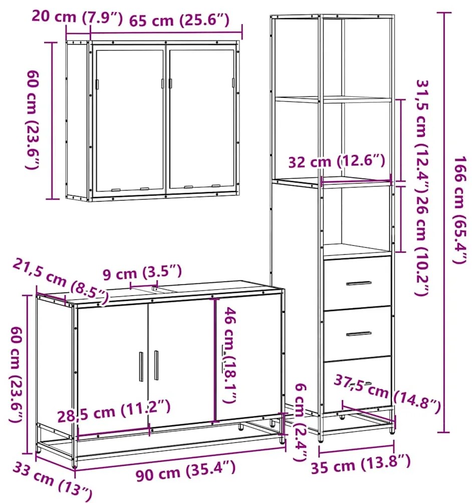 3 pcs Conjunto móveis casa de banho madeira proc. cinza sonoma