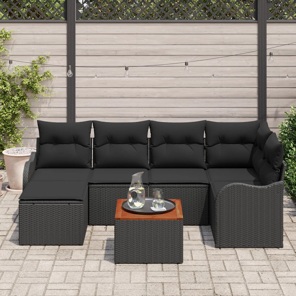 Conjunto de Sofá de Jardim vidaXL 7 Peças com Almofadas Preto Vime Pol