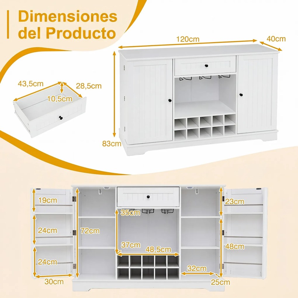 Aparador com Garrafeira, 120 x 83 x 40 cm, 10 Compartimentos para Vinho, Branco
