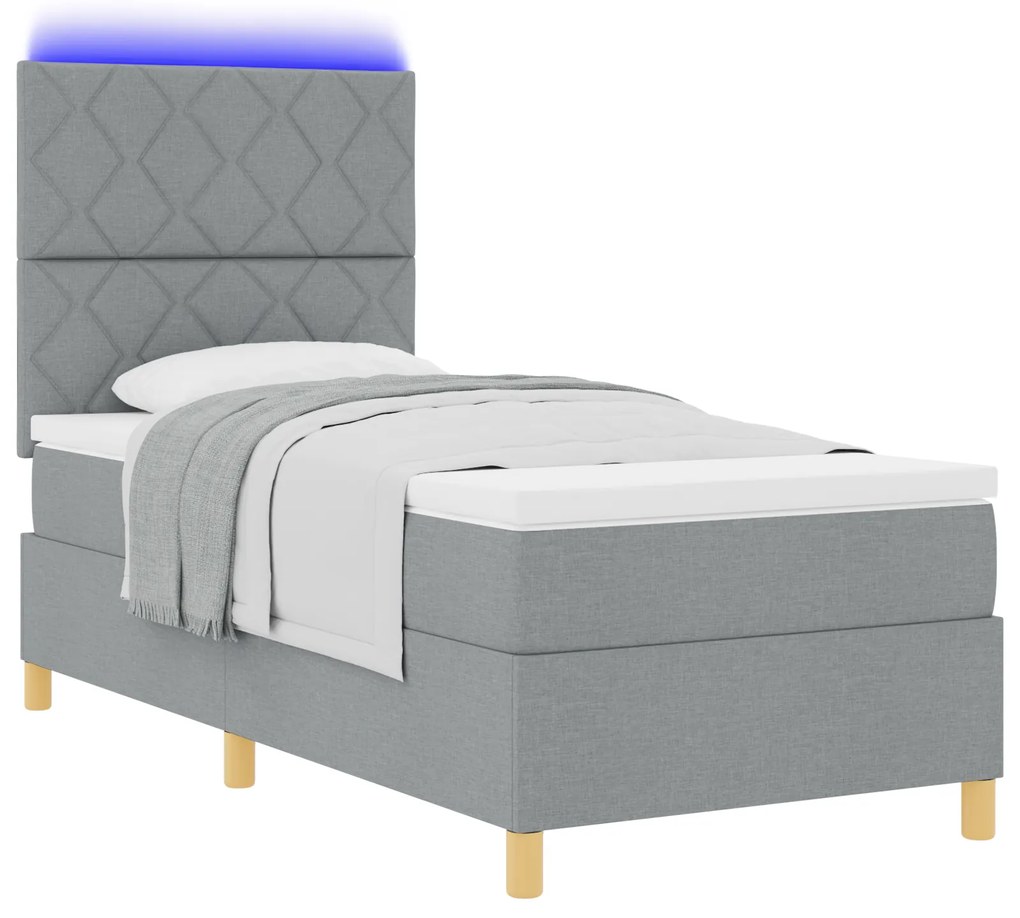 Cama Box com Colchão e Luz LED Cinzento-Claro 90x200 cm em Tecido