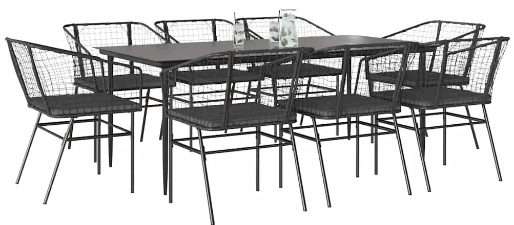 Conjunto de jantar jardim 9 peças almofadas vidro vime PE preto