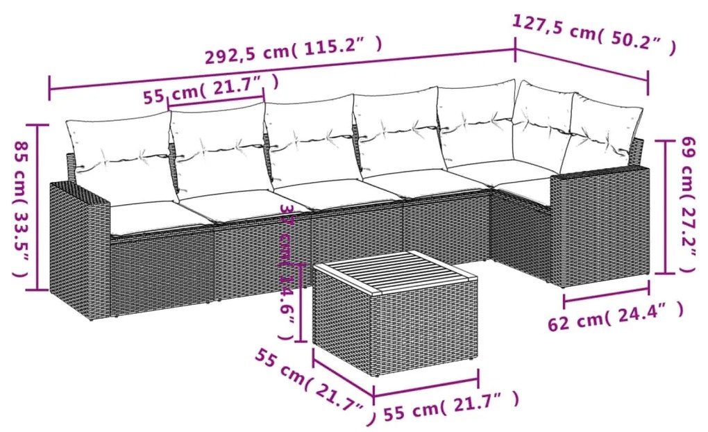 7 pcs conjunto de sofás p/ jardim c/ almofadões vime PE preto