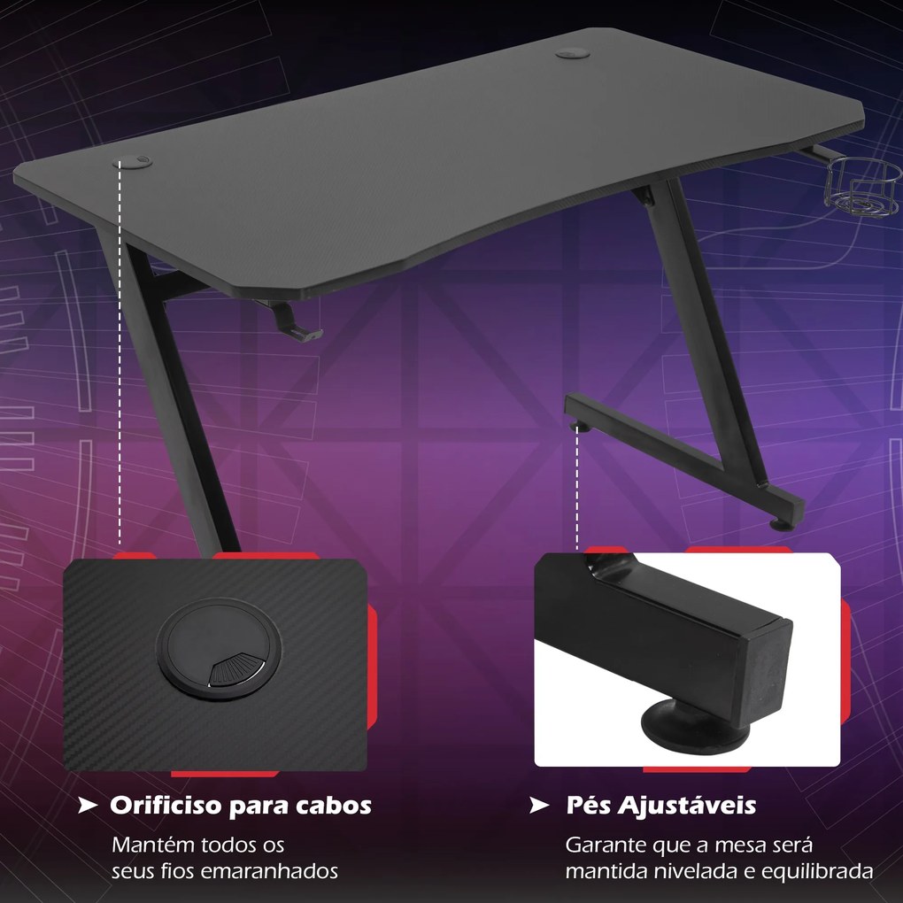 Secretária tipo gaming mesa de escritório com suporte para copos gancho e pés ajustáveis 120x65x74,5 cm preto