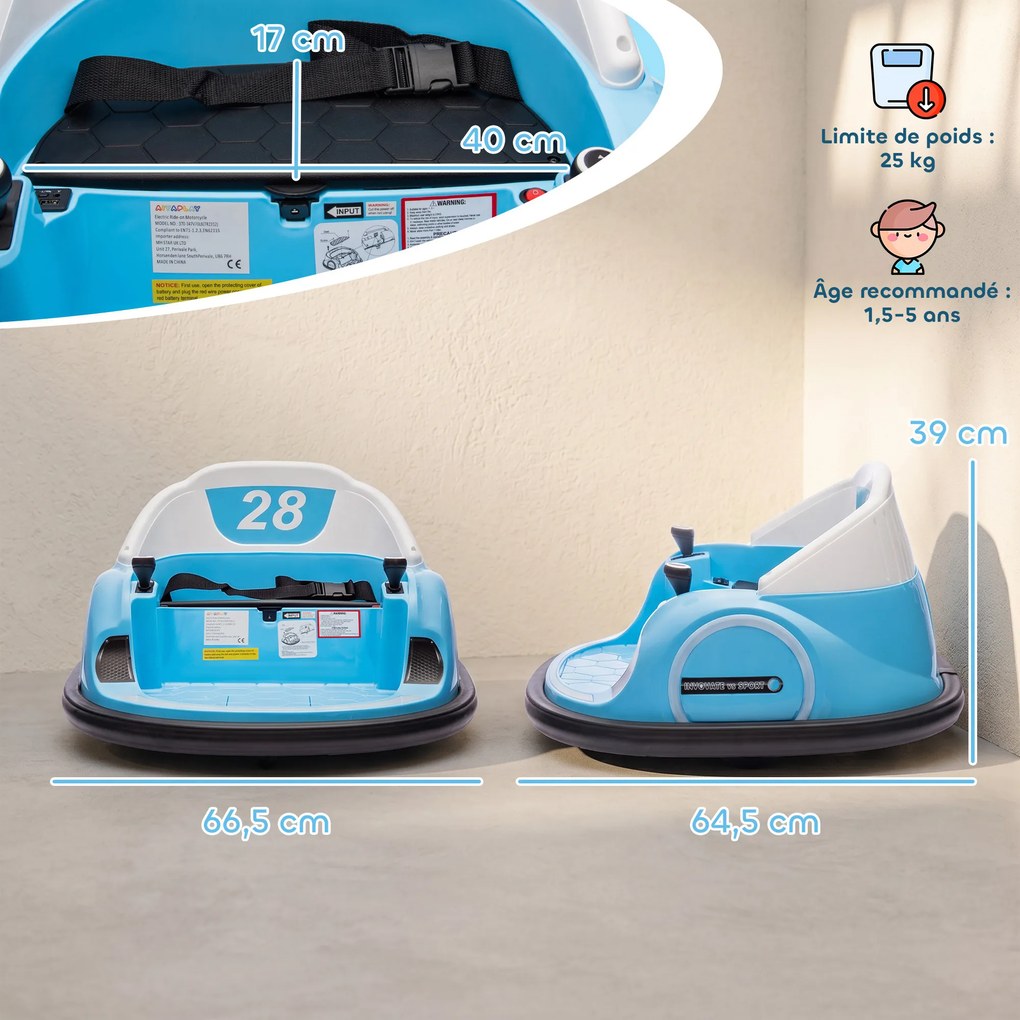Carrinho de Choque Elétrico Infantil, 66,5 x 64,5 x 39 cm, Rotação de 360°, Azul