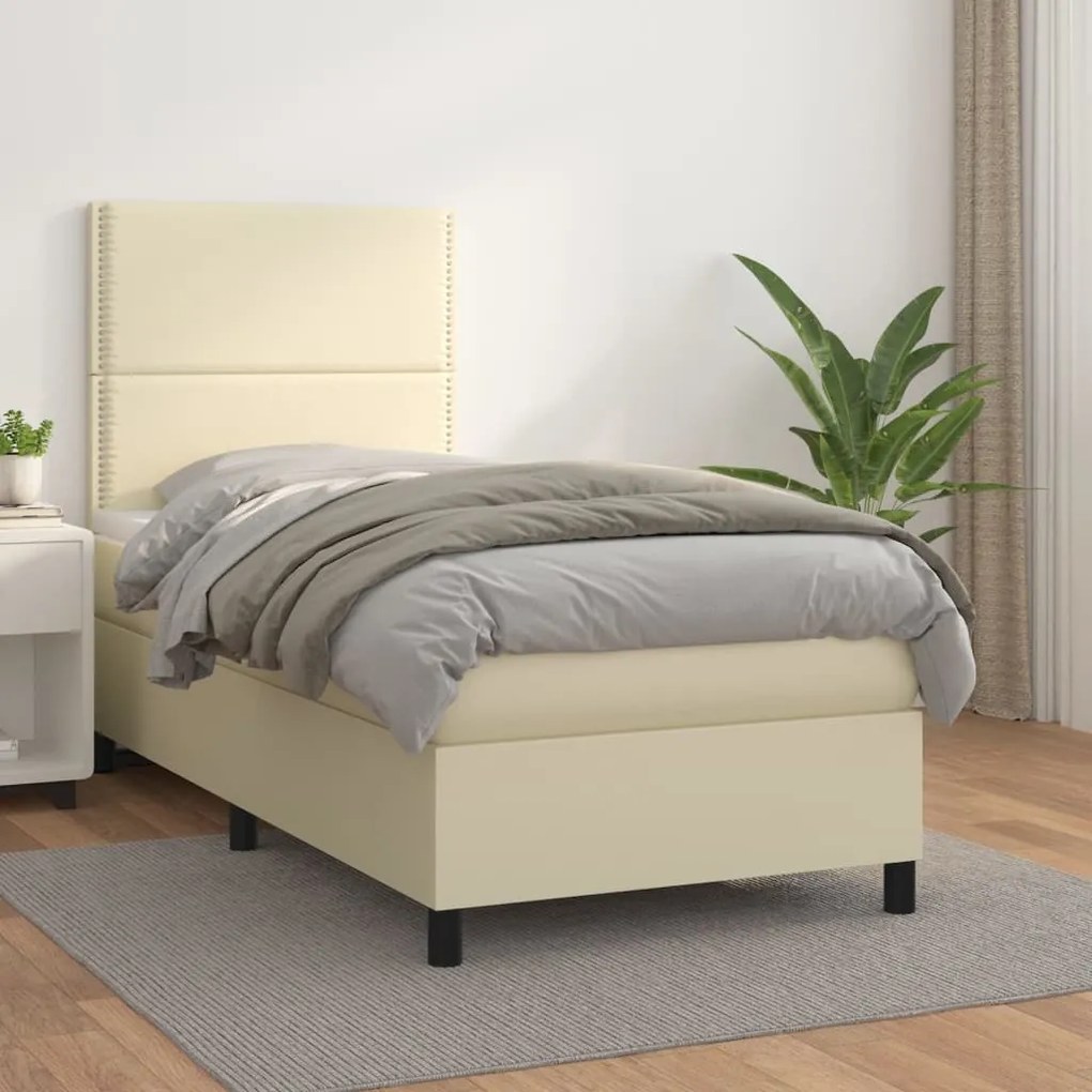 vidaXL Cama com molas/colchão 90x200 cm couro artificial cor creme