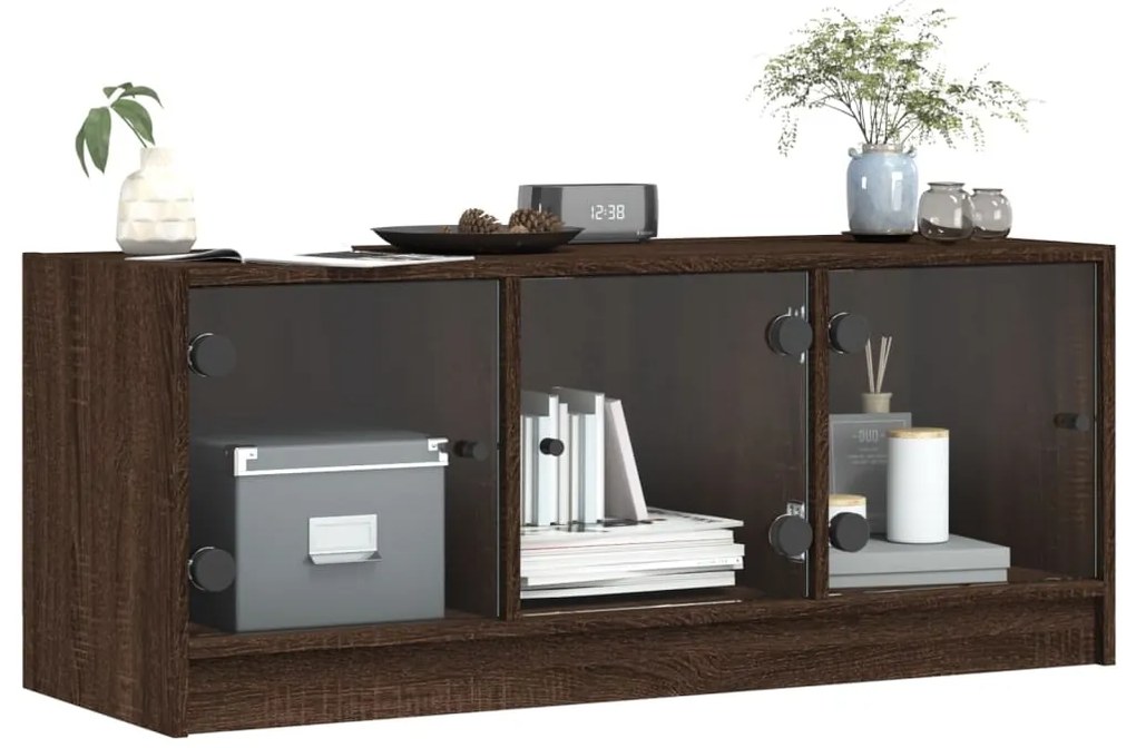 Móvel de TV c/ portas de vidro 102x37x42 cm carvalho castanho