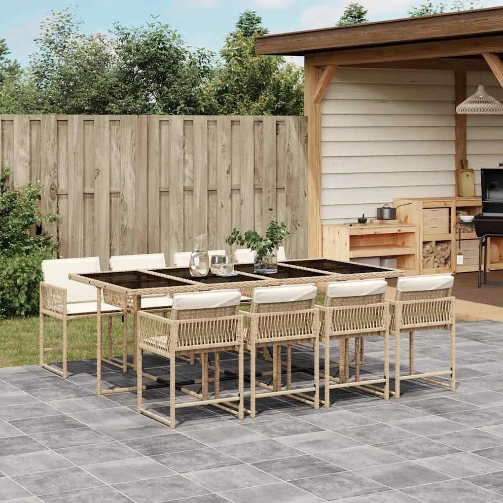 vidaXL 9 pcs conjunto de jantar p/ jardim com almofadões vime PE bege