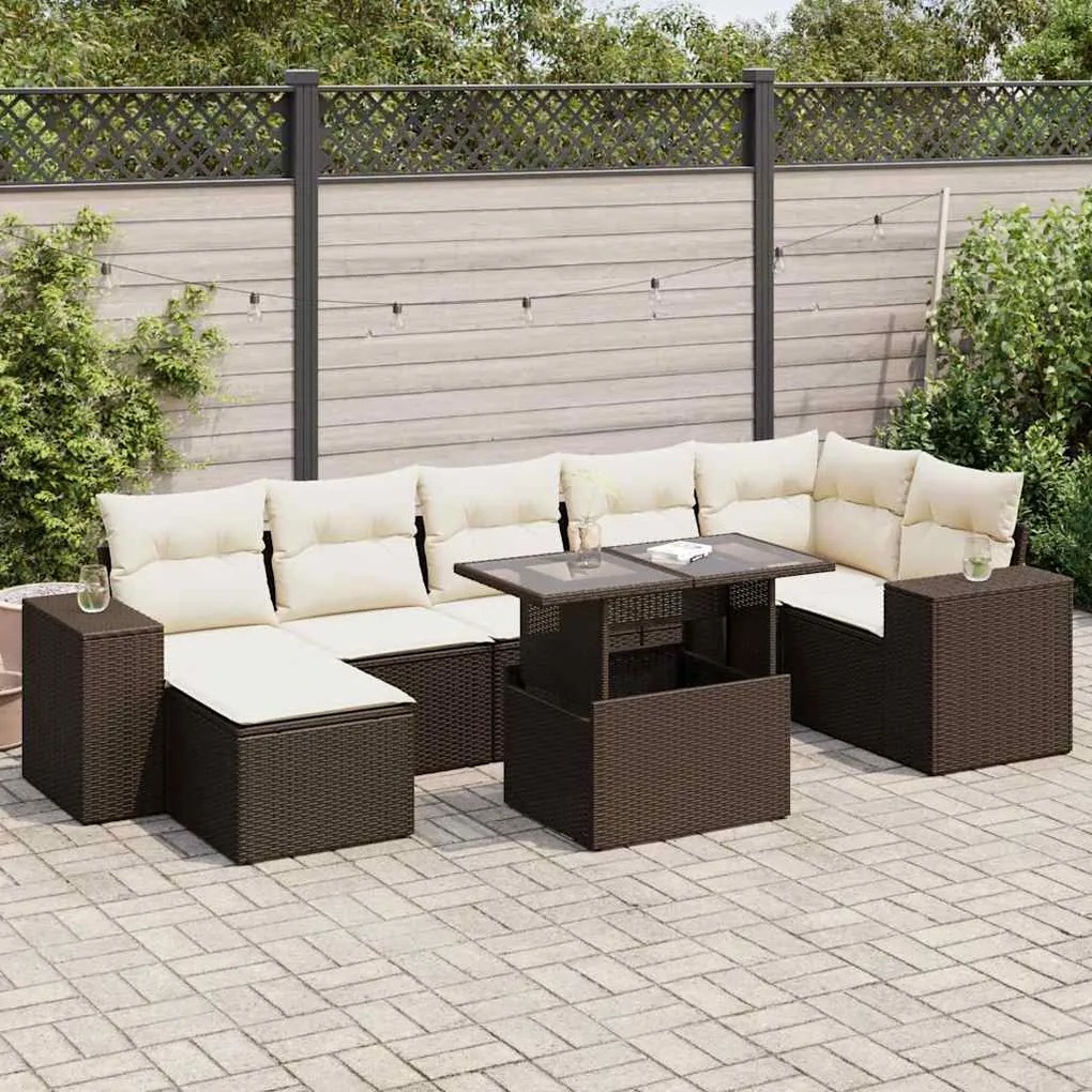 8 pcs conjunto sofás de jardim c/ almofadões vime PE castanho
