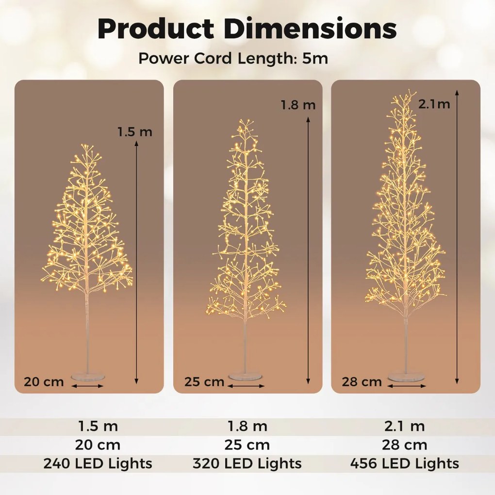 Árvore de Bétula Iluminada ,Altura 150 cm 280 Luzes LED Brancas Quentes, Branco