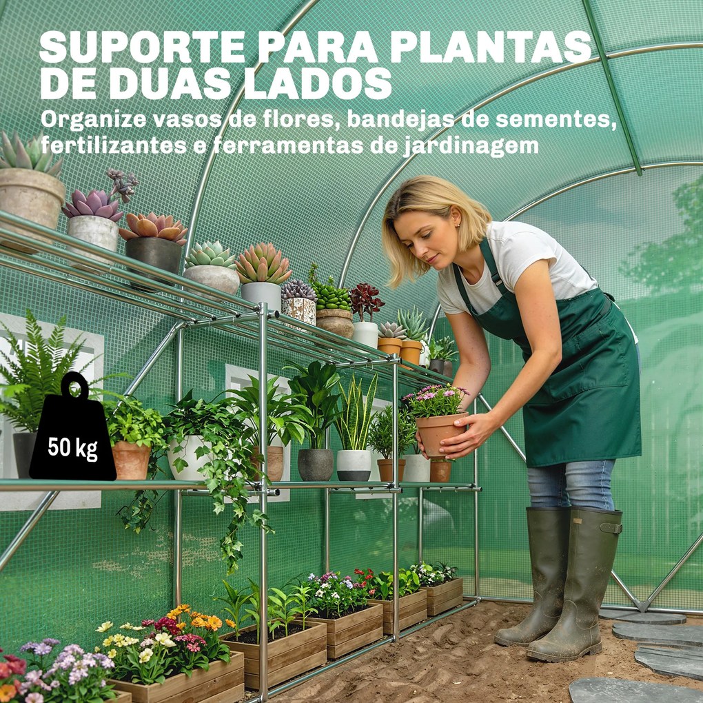Estufa Tipo Túnel 2,8x2x1,9 m com Prateleiras Estufa de Jardim com Porta Enrolável, 6 Janelas de Rede Verde