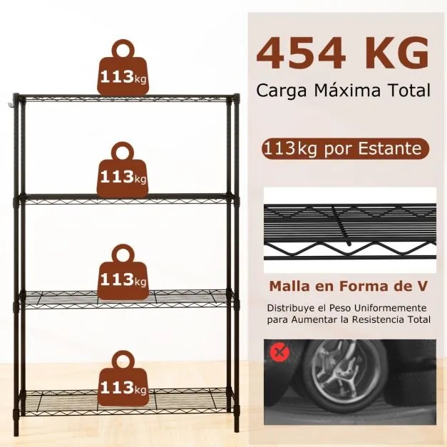 Estante metálica ajustável 91 x 35 x 138,5 cm de 4 níveis com grelha de arame com capacidade para 452 kg para casa, cozinha, garagem, escritório Preta