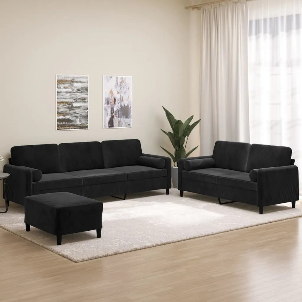 vidaXL 3 pcs conjunto sofás c/ almofadas/almofadões veludo preto