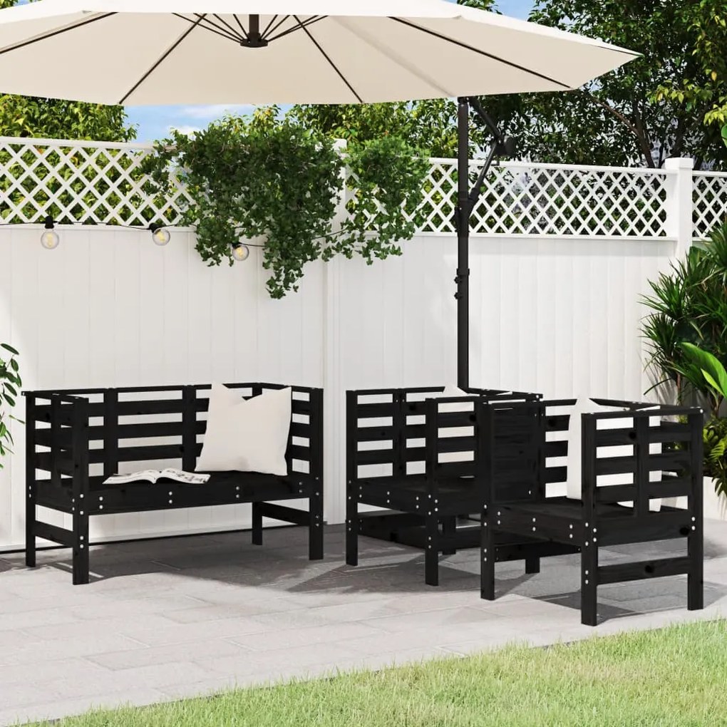 vidaXL 3 pcs conjunto lounge de jardim madeira de pinho maciça preto