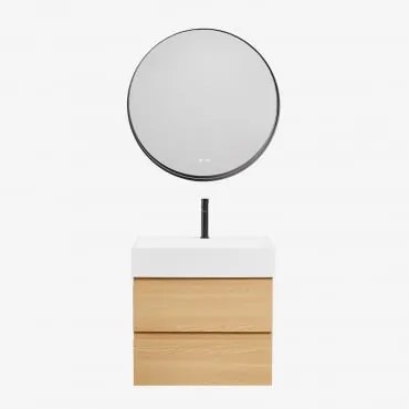 Conjunto De Móvel De Casa De Banho Em Madeira E Chapa De Freixo Com Lavatório Integrado Ona Madeira Natural & Redondo Led - Sklum