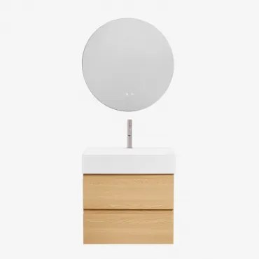 Conjunto De Móvel De Casa De Banho Em Madeira E Chapa De Freixo Com Lavatório Integrado Ona Madeira Natural & Redondo Led E - Sklum