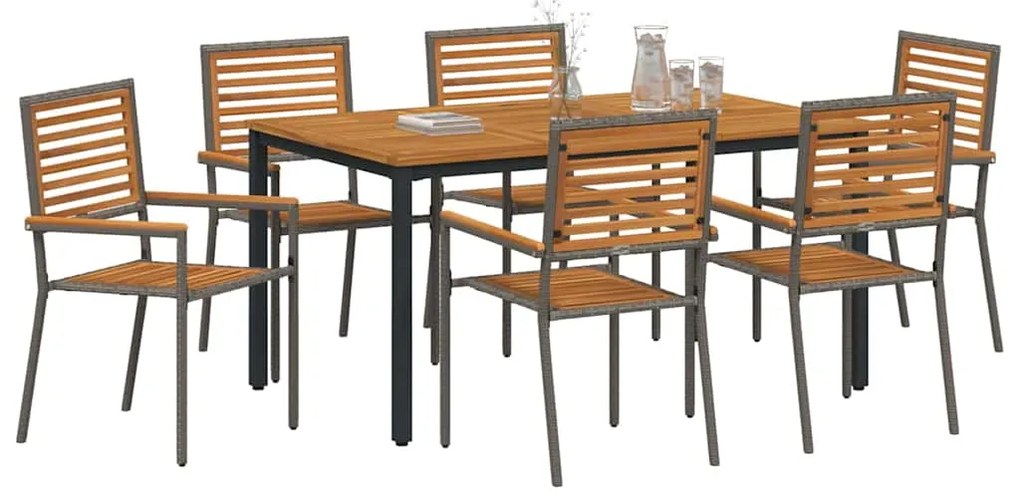 Conjunto de Jantar de Jardim vidaXL 7 Peças Cinza Poli Rattan Acácia