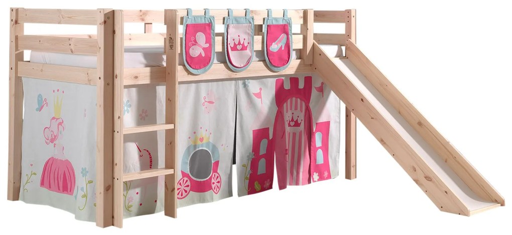 Conjunto Cama alta de Criança PINO 90 x 200 cm + estrado + escada + escorrega + cortina + bolsas de arrumação Princesa Natural