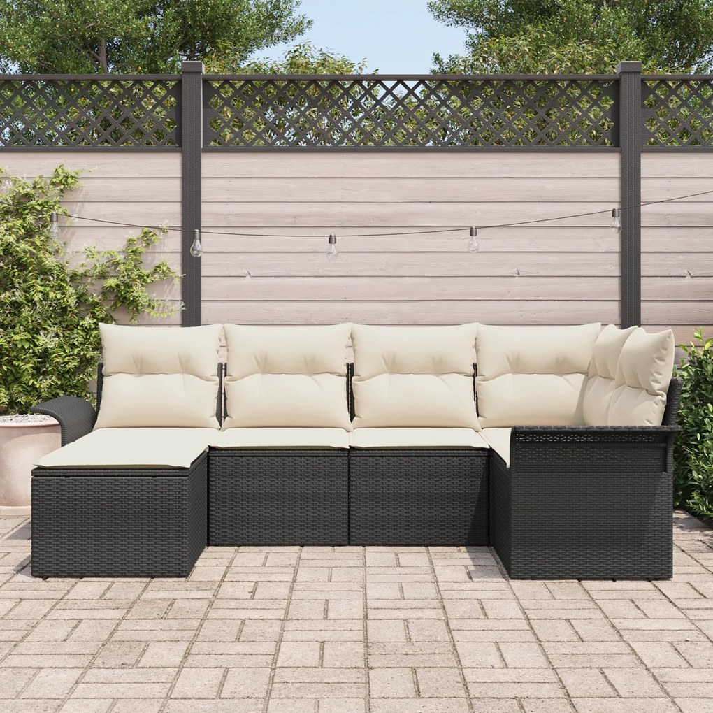 Conjunto de Sofá de Jardim em 6 Peças com Almofadas Preto Rattan PE, S