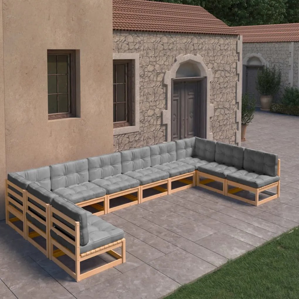 10 pcs conjunto lounge de jardim c/ almofadões pinho maciço