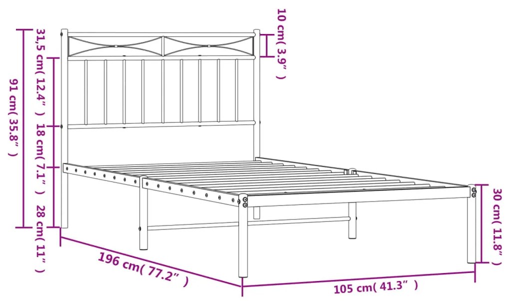 Estrutura de cama com cabeceira 100x190 cm metal preto