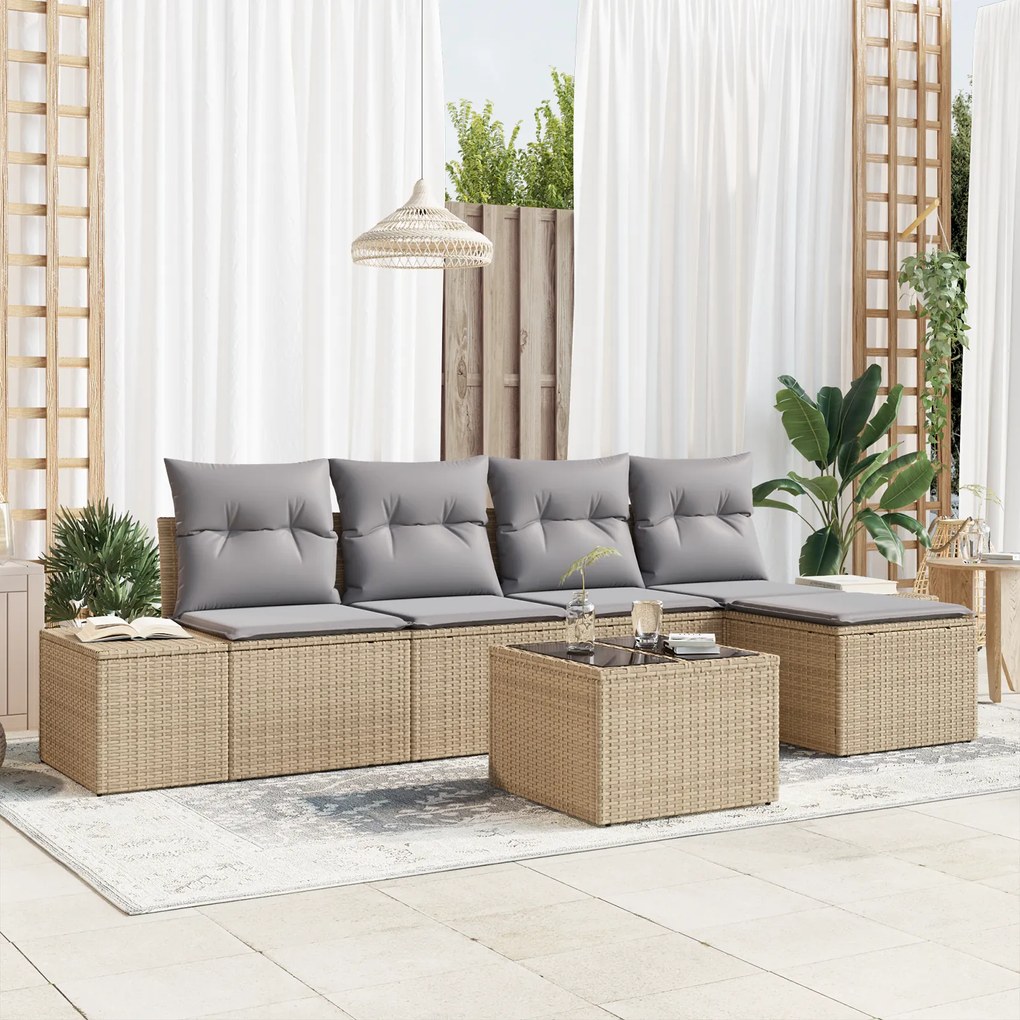 Conjunto de Sofá de Jardim de 6 Peças com Almofadas de Rattan Preto