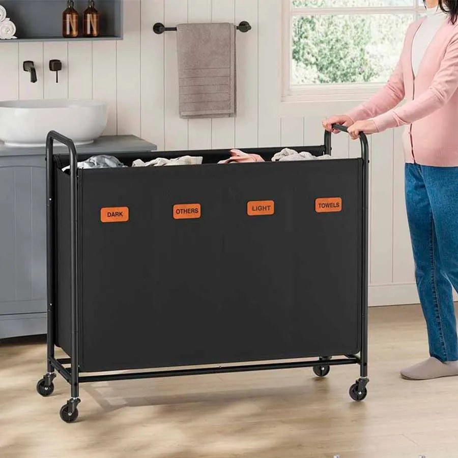 Cesto da roupa suja 200 L com rodas e 3 compartimentos Preto