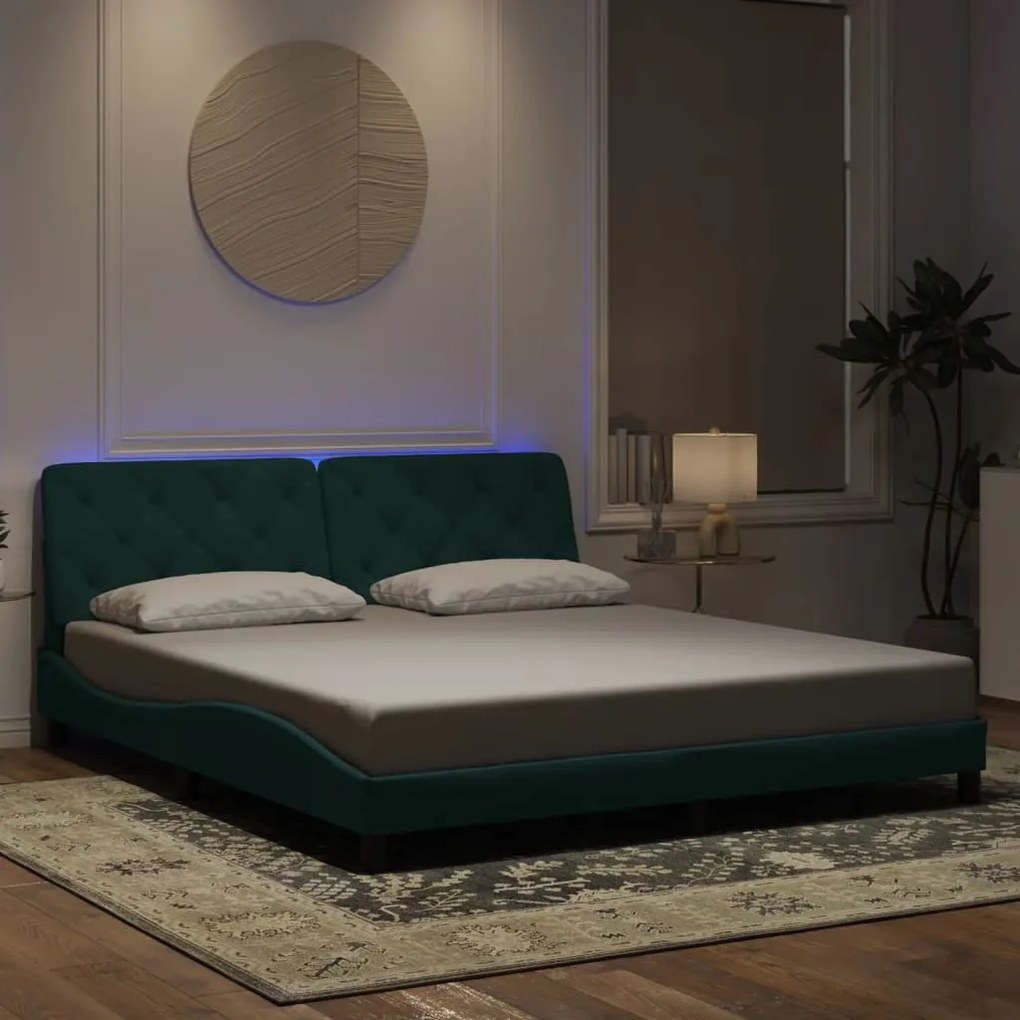 vidaXL Estrutura de cama com LED sem colchão 180x200 cm veludo verde-escuro