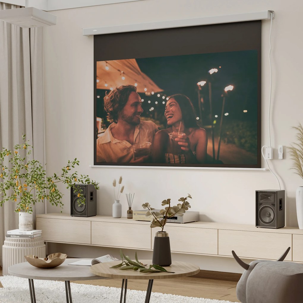 HOMCOM Tela de Projeção Elétrica 80 Polegadas Tela de Projeção Motorizada Formato 16:9 com Controlo Remoto para Cinema am Casa Exterior Festas 209x7,5x142cm Branco