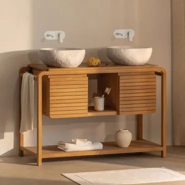 Conjunto De Móvel De Casa De Banho Em Madeira De Teca Bradley 2 X Irregular Em Cimento Branco ↔︎40 Cm Fedro & Sem Espelho & - Sklum