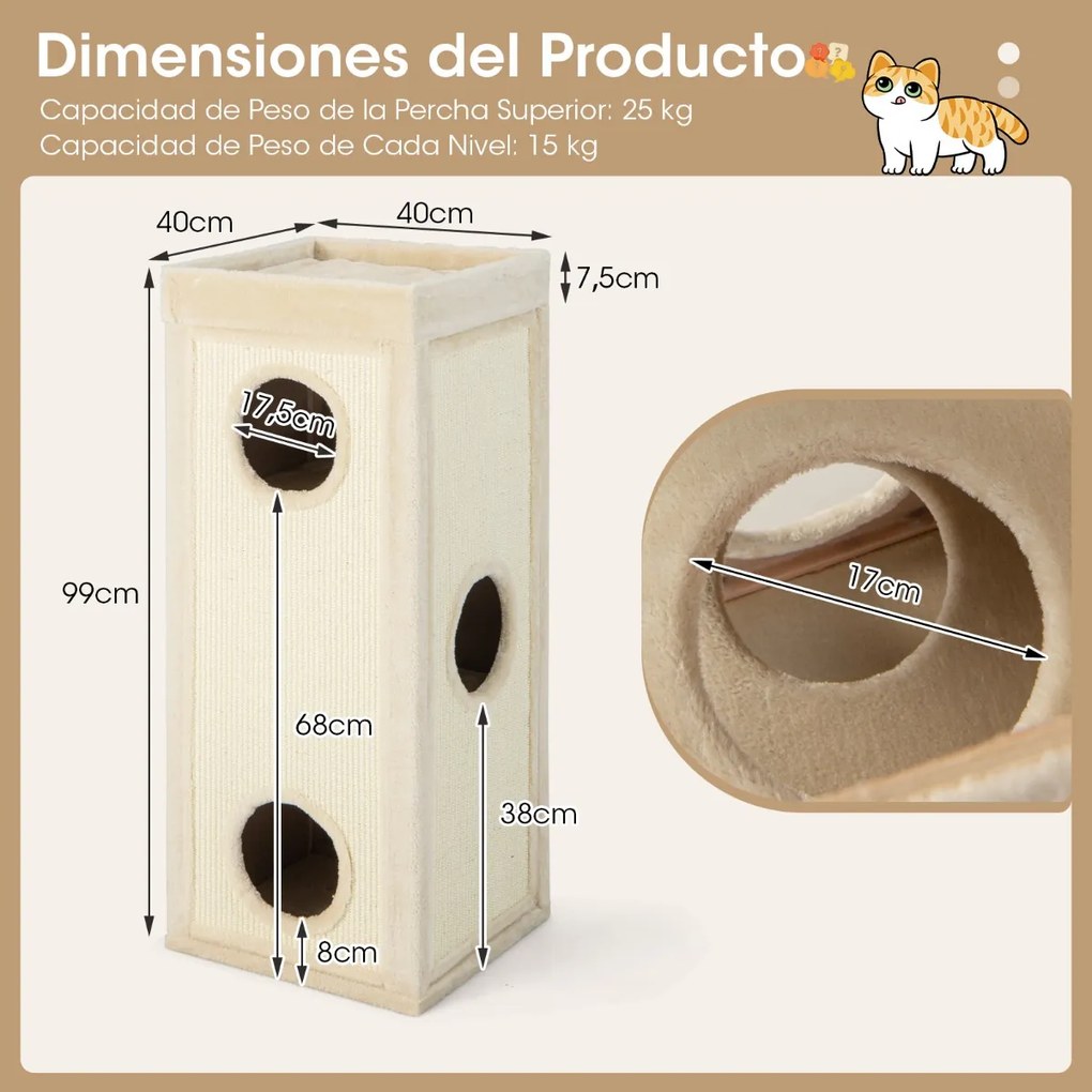 Casa para gatos com 3 cavernas e 3 esconderijos 40 x 40 x 99 cm, painéis para arranhar em sisal, cama superior com almofada removível e barril para ar