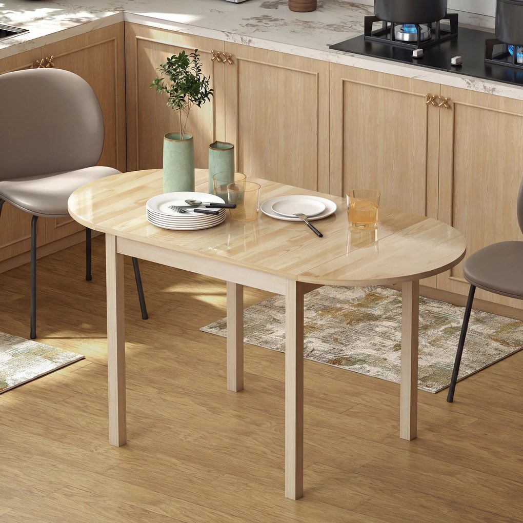 Mesa de jantar dobrável oval em madeira maciça 140 x 70 x 75 cm, com 2 abas (CADEIRAS NÃO INCLUIDAS), que ocupa pouco espaço,  Cor: natural