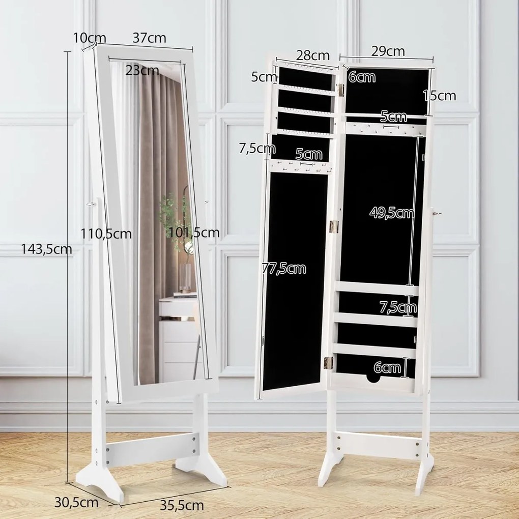 Espelho de joias de pé 35 x 30 x 144 cm com 3 inclinações, organizador de armazenamento para brincos e colares com espelho e 4 compartimentos, branco