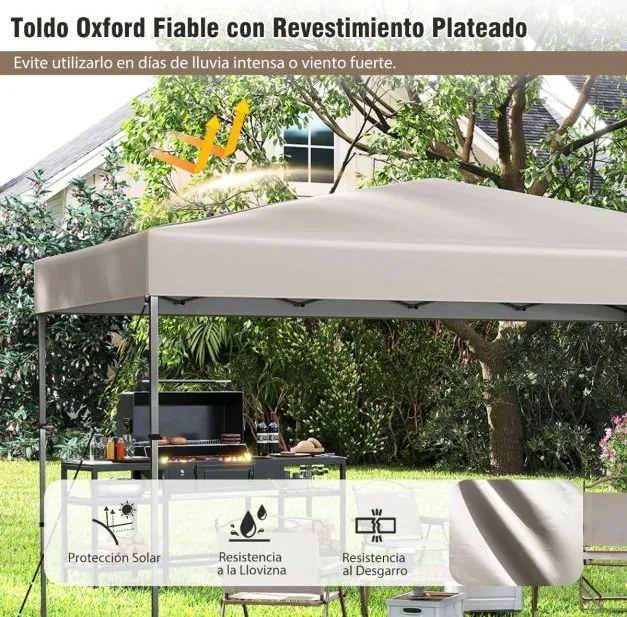 Tenda Pop Up, Jardim, Festas, eventos 360 x 220 x 240-270 cm com Bolsa de Transporte 9 Estacas 4 Cordas de Vento Bege
