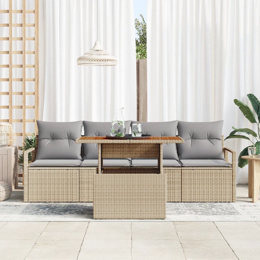 Conjunto de Sofá de Jardim de 5 Peças com Almofadas Bege Rattan PE, So