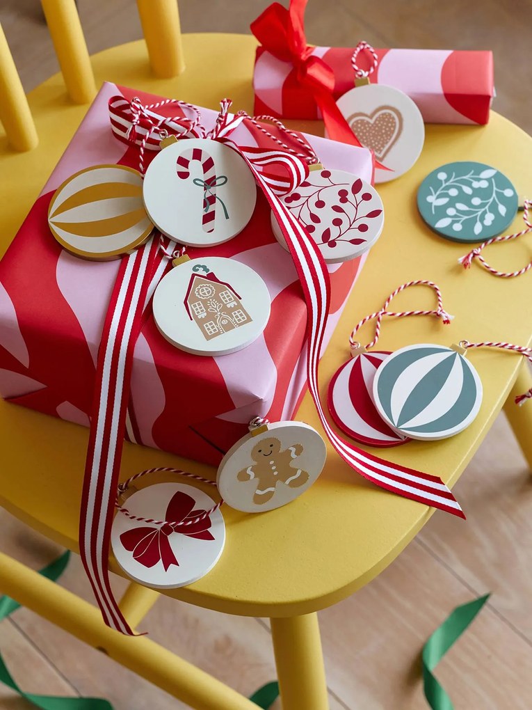 Lote de 10 bolas de Natal em madeira MOONY vermelho estampado
