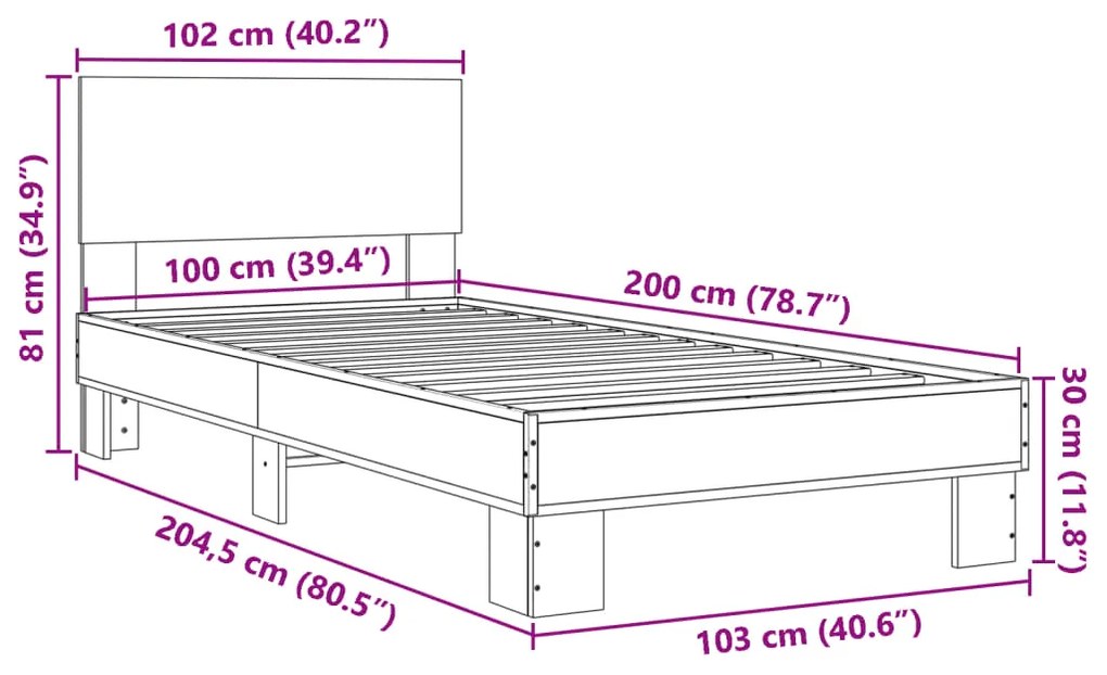 Estrutura cama 100x200 cm derivados madeira/metal cinza sonoma