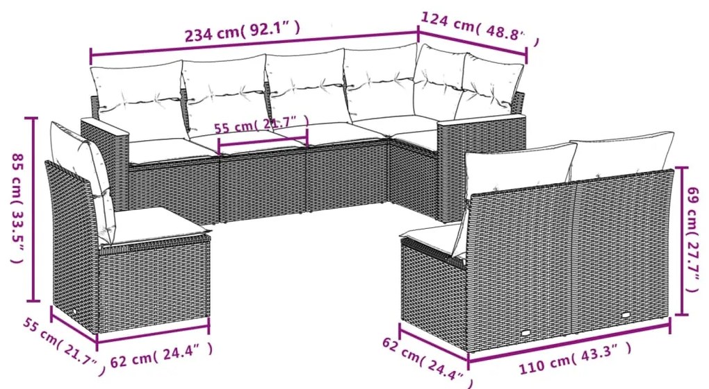 8 pcs conjunto sofás de jardim com almofadões vime PE preto