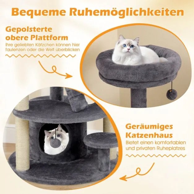 Arranhador para gatos com caverna, bola e escada, cinzento