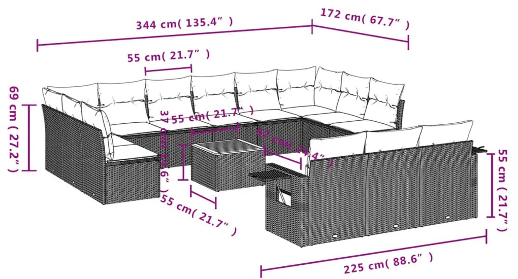 14 pcs conjunto sofás p/ jardim c/ almofadões vime PE cinzento