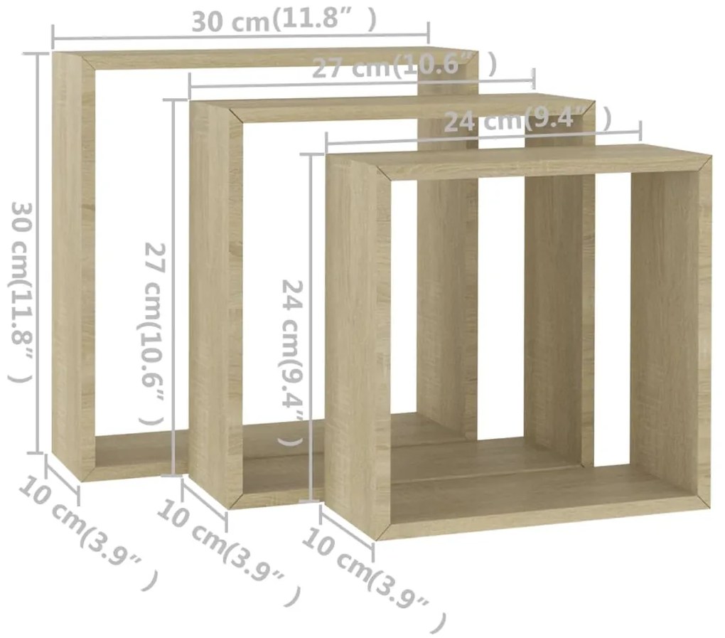Prateleiras de parede forma de cubo 3pcs cm cor carvalho sonoma